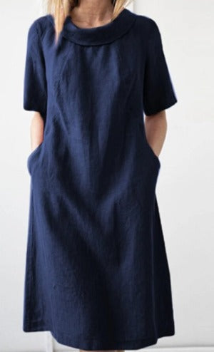 Cowl Neck Short Sleeve Pocket Shift Midi Dress - View 3