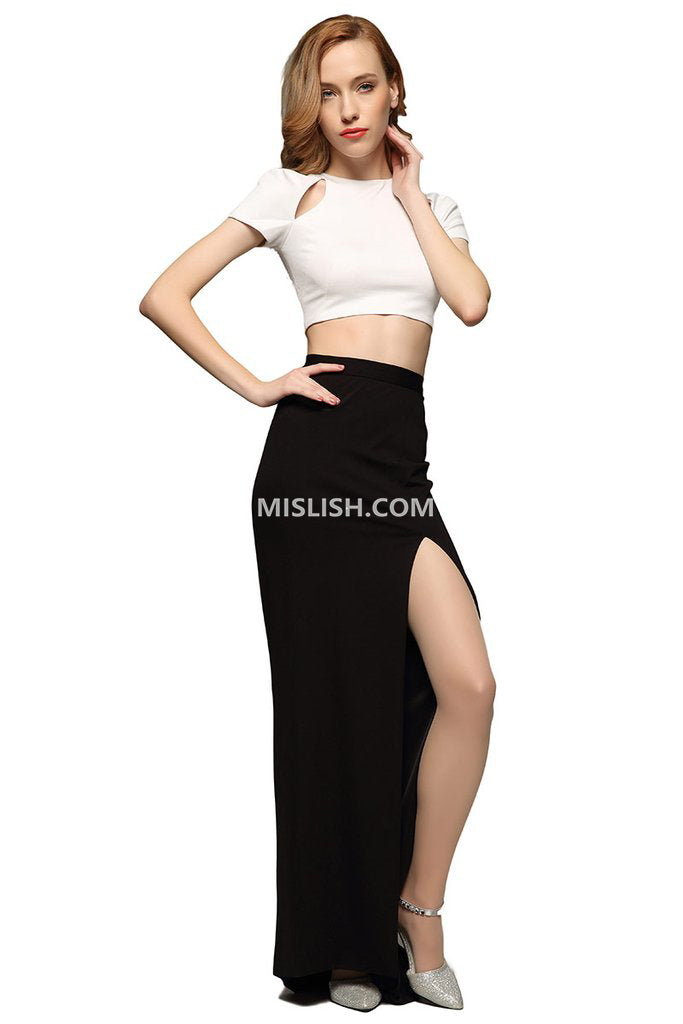 White And Black Thigh-high Slit Two Piece Sets - Fashionpara