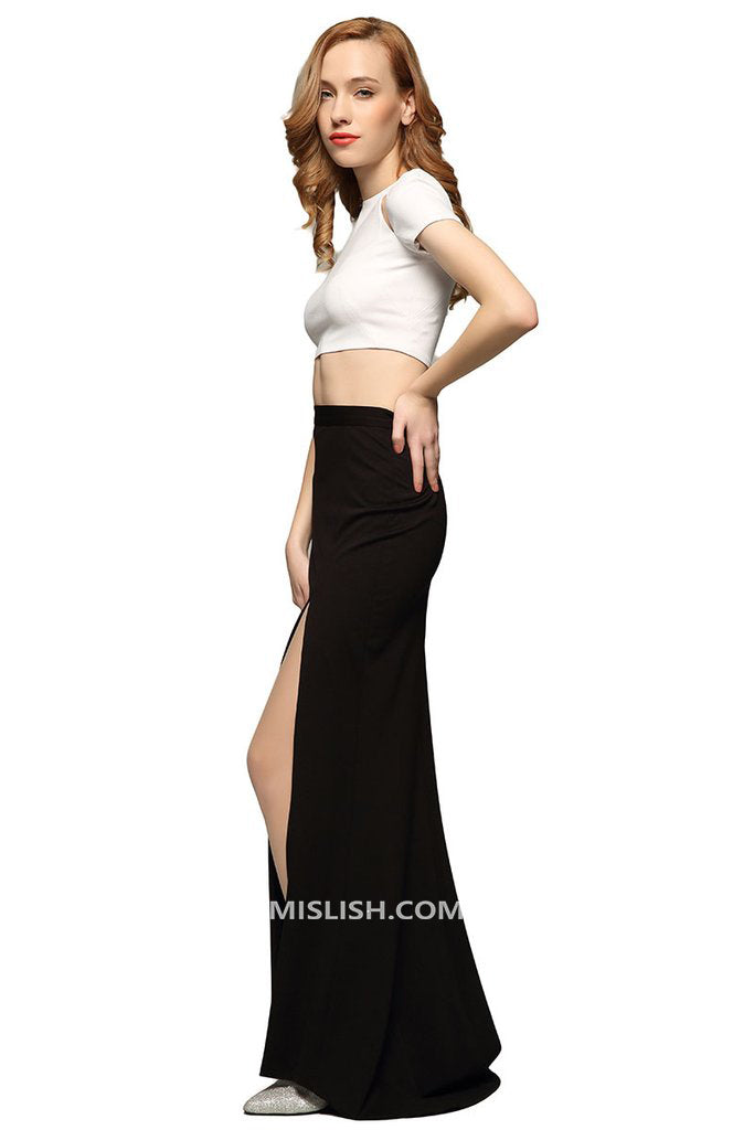 White And Black Thigh-high Slit Two Piece Sets - Fashionpara