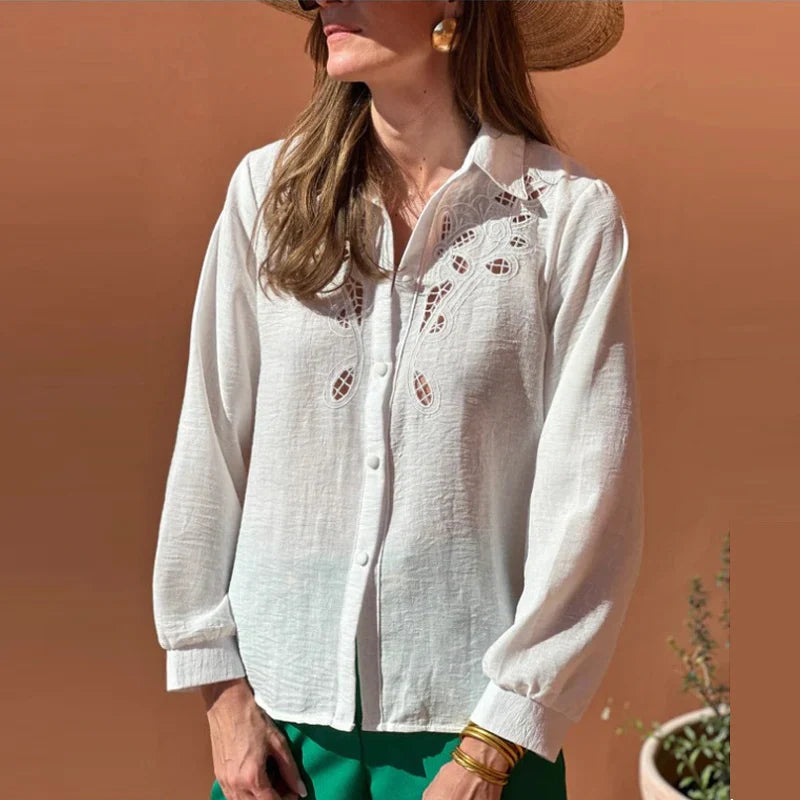 White Cotton Linen Lace Floral Embroidery Boho Blouse