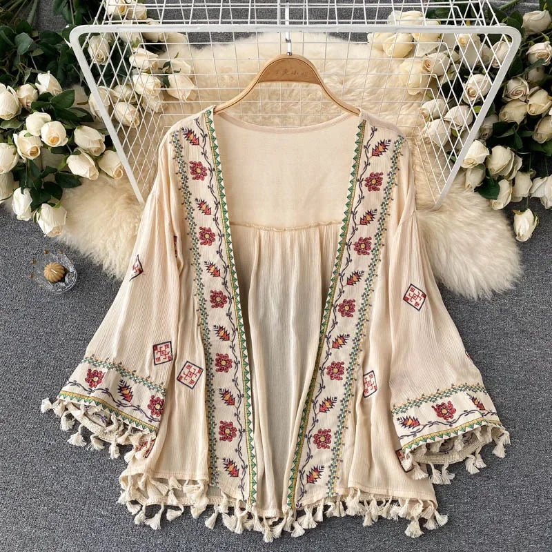 White Cotton Rayon Floral Embroidery Beach Cover up - Fashionpara