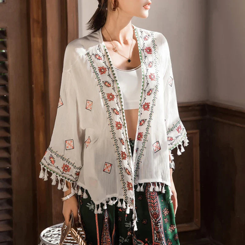 White Cotton Rayon Floral Embroidery Beach Cover up - Fashionpara