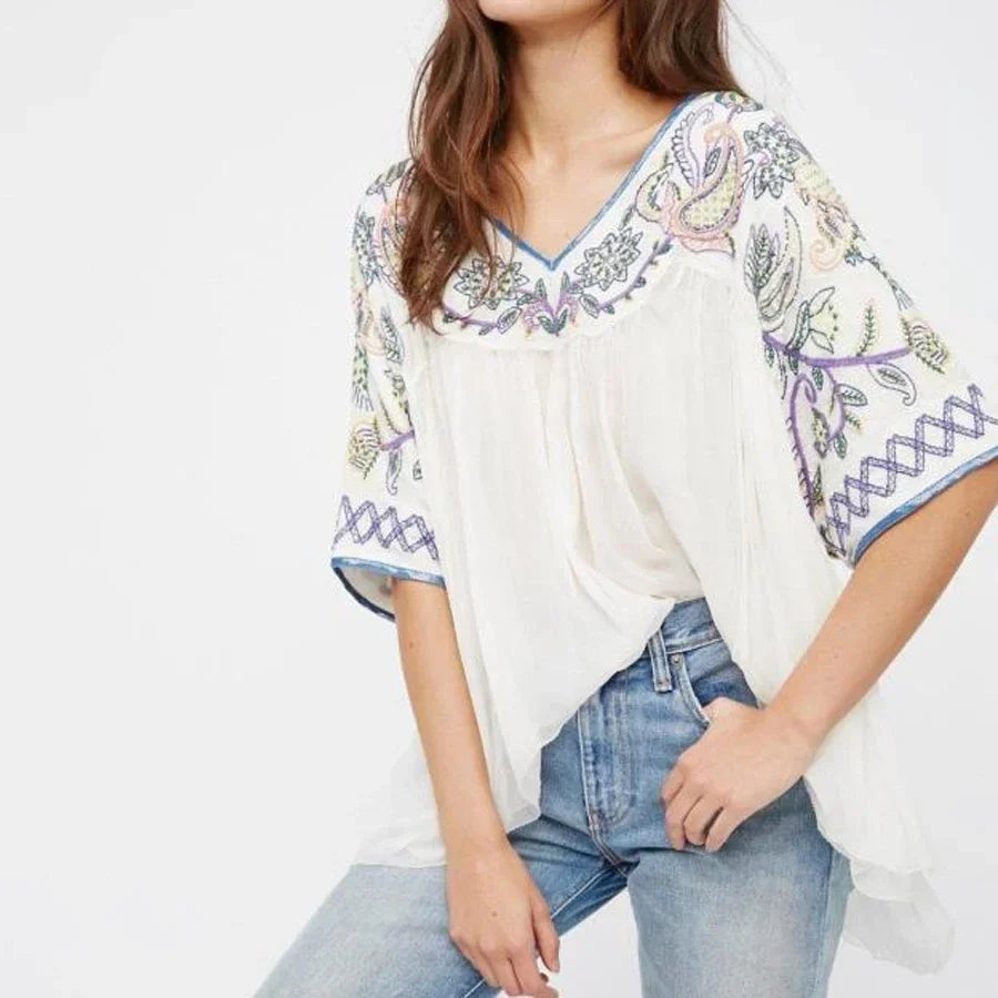 White Cotton Rayon Beaded Floral Embroidered Boho Blouse