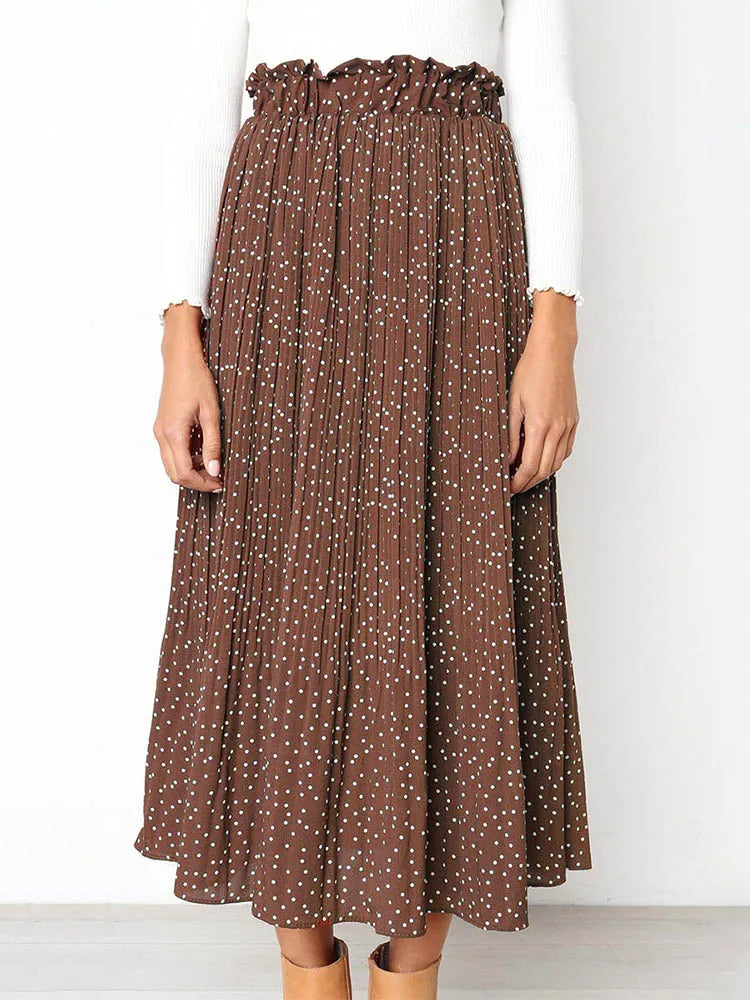 White Dots Floral Print Pleated Midi Skirt with Pockets