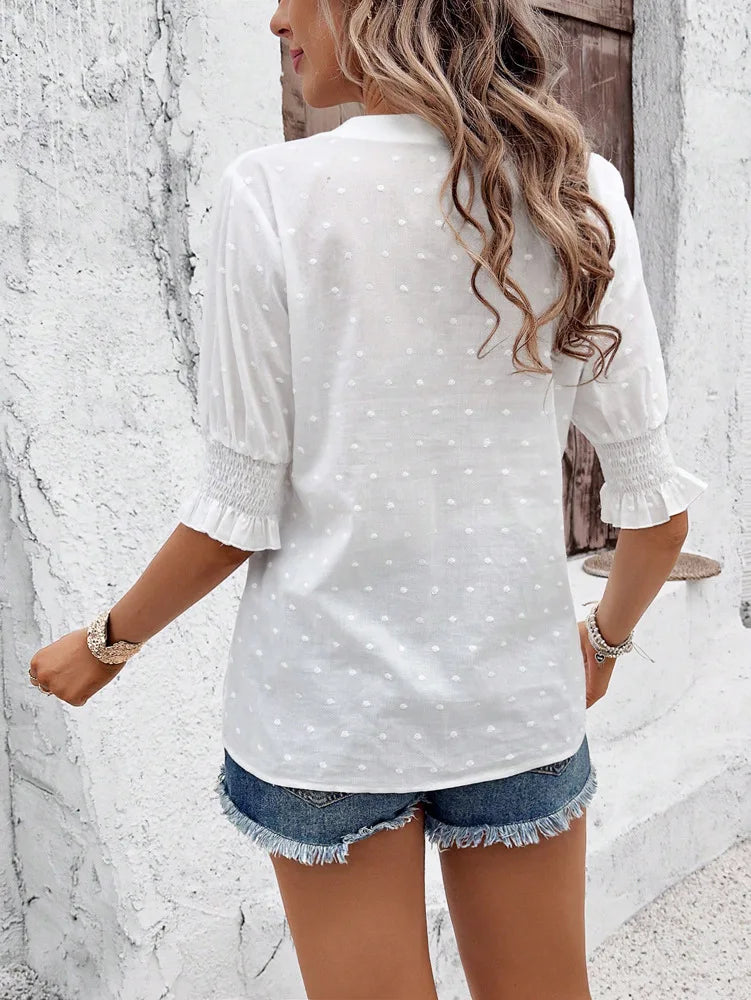 White Floral Embroidery Hollow Out Cotton Boho Blouse