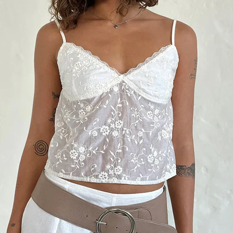 White Jacquard Floral Lace Trim V Neck Kawaii Fairycore 00s Y2K Camisole Crop Top