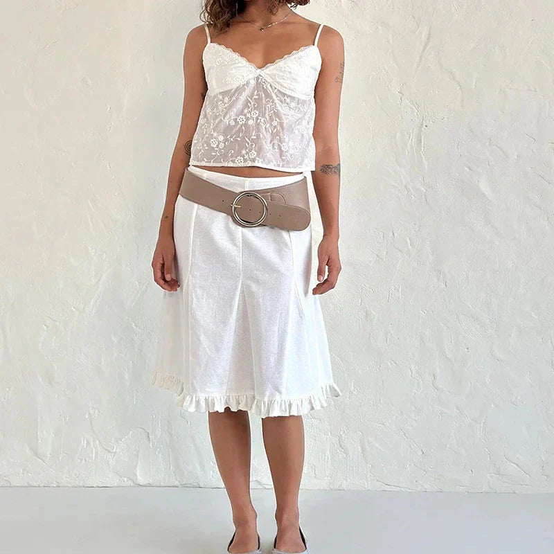 White Jacquard Floral Lace Trim V Neck Kawaii Fairycore 00s Y2K Camisole Crop Top