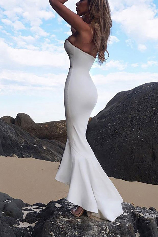 White Long Mermaid Strapless High Low Prom Dress
