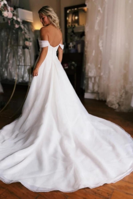 Charming A-Line White Off the shoulder High split Wedding Dress - Fashionpara