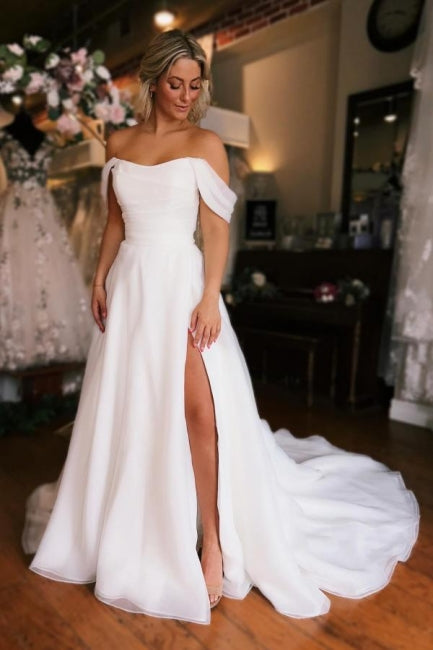 Charming A-Line White Off the shoulder High split Wedding Dress - Fashionpara