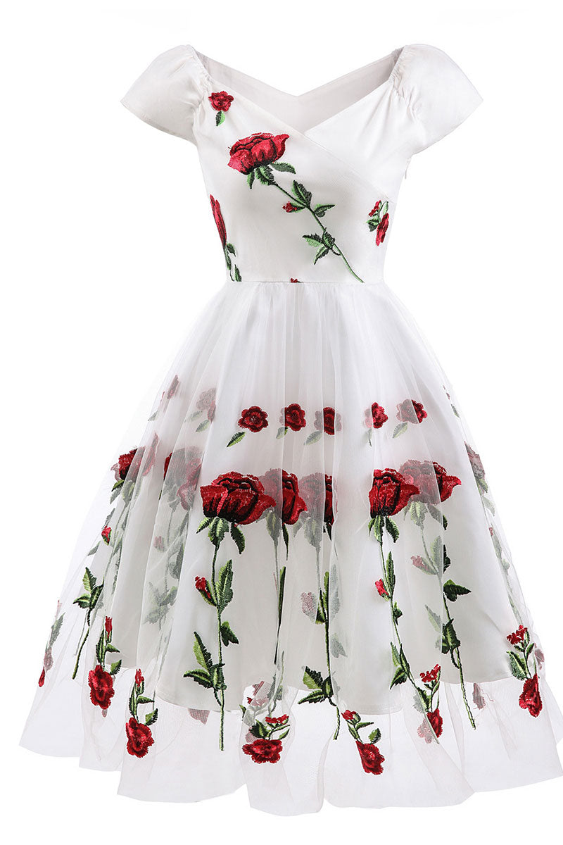 Black Off-the-shoulder Rose Embroidered A-line Prom Dress - Mislish