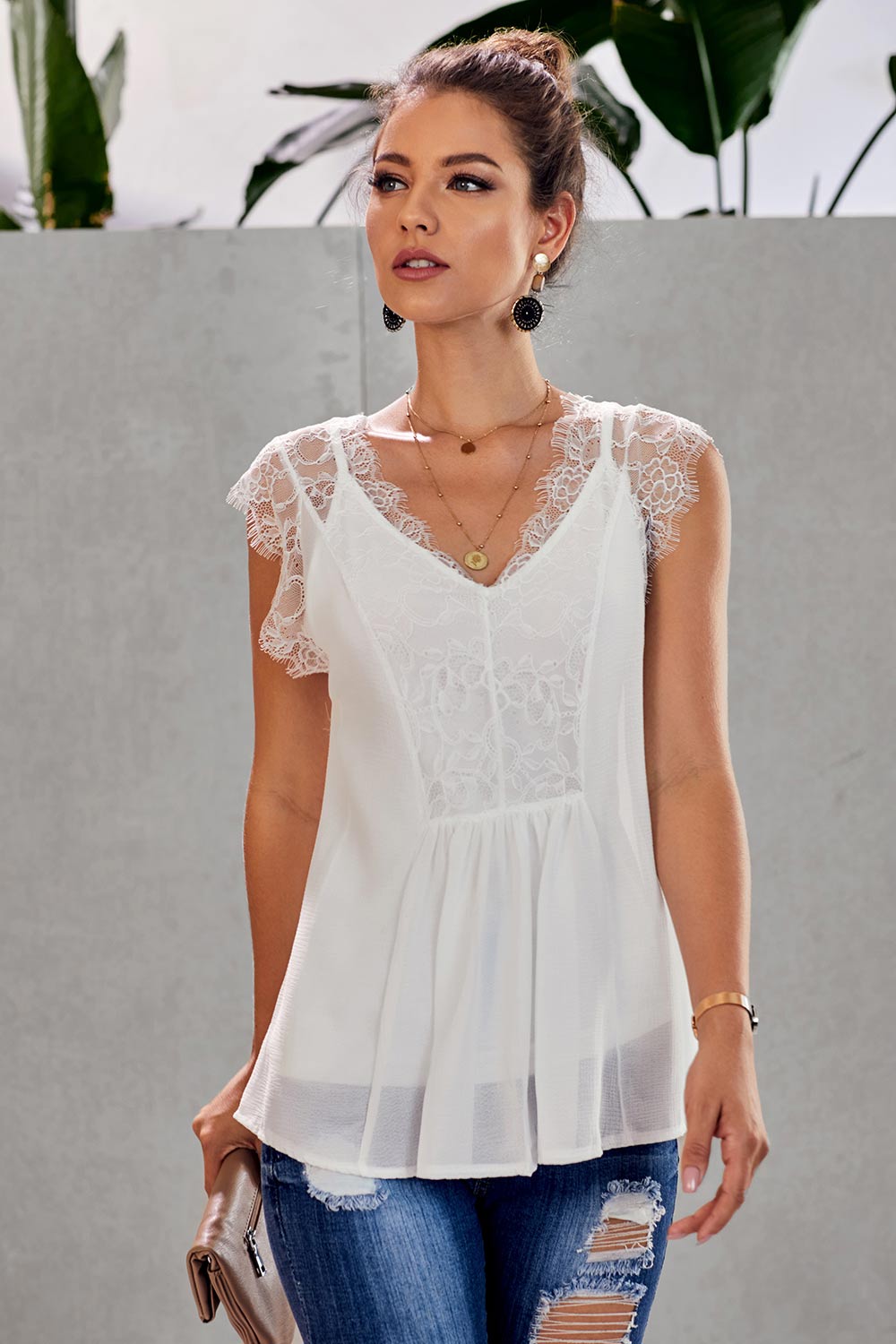 White Patched Lace V Neck Blouse - Mislish