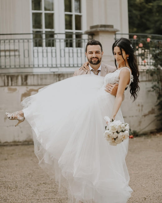 A-line White V-Neck Tulle Wedding Dress Floor length Bridal Gowns - Fashionpara