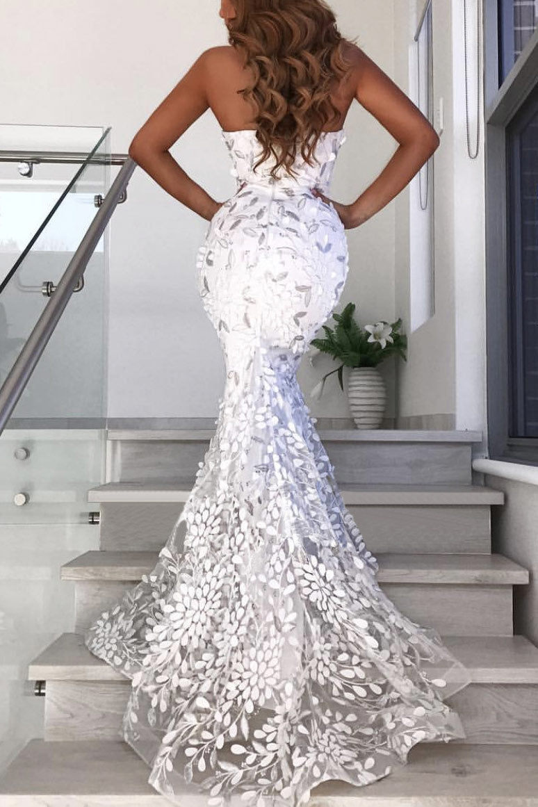 Vintage White Applique Mermaid Prom Dress
