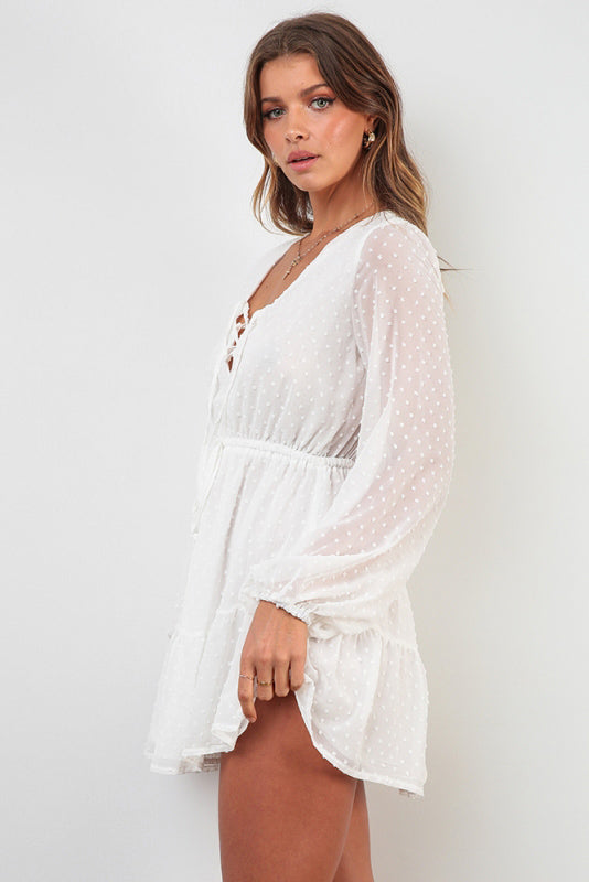 White V neck Polka Dot Lace-up Chiffon Dress