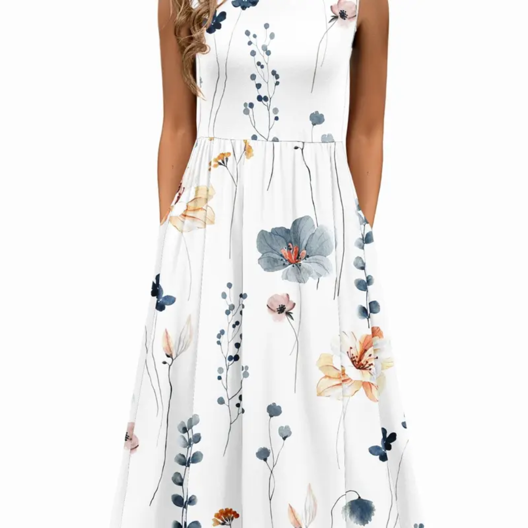 Crew Neck Sleeveless Floral Pocket Midi Dress 8