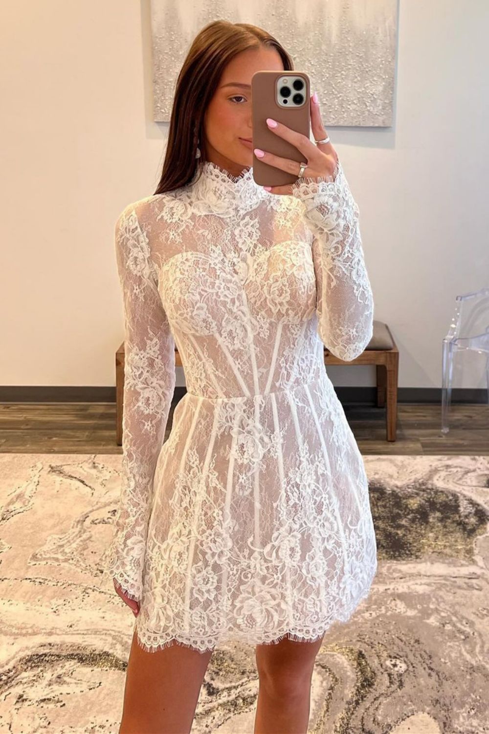 White A-Line High Neck Long Sleeves Short Lace Homecoming Dress - Fashionpara