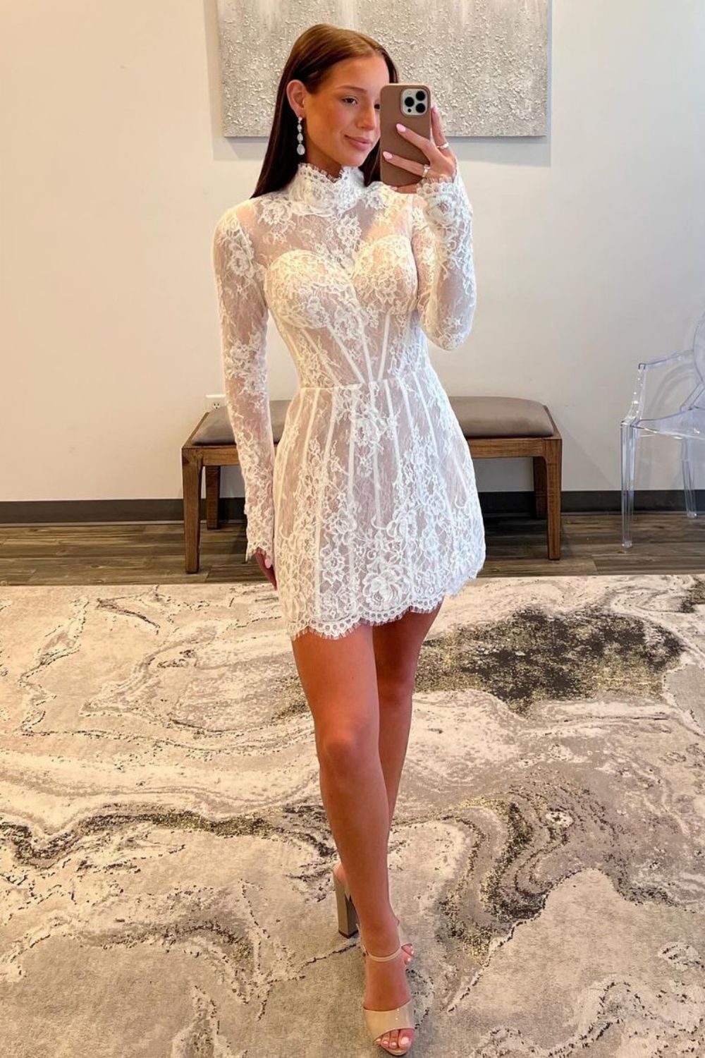 White A-Line High Neck Long Sleeves Short Lace Homecoming Dress - Fashionpara