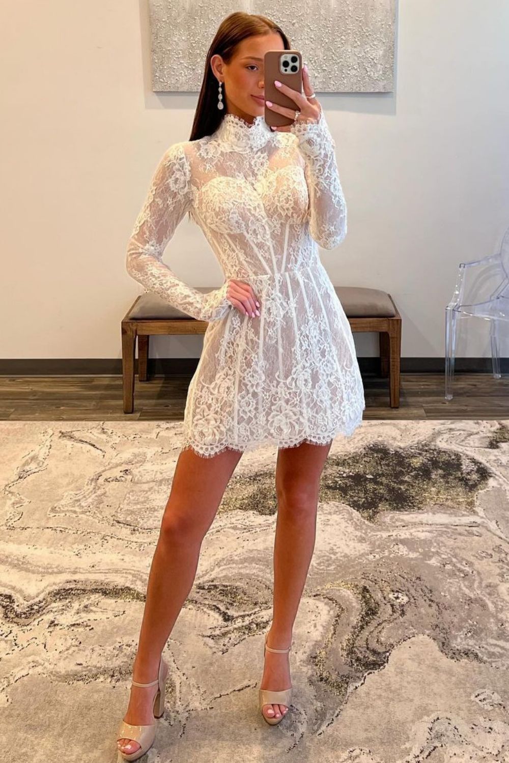 White A-Line High Neck Long Sleeves Short Lace Homecoming Dress - Fashionpara