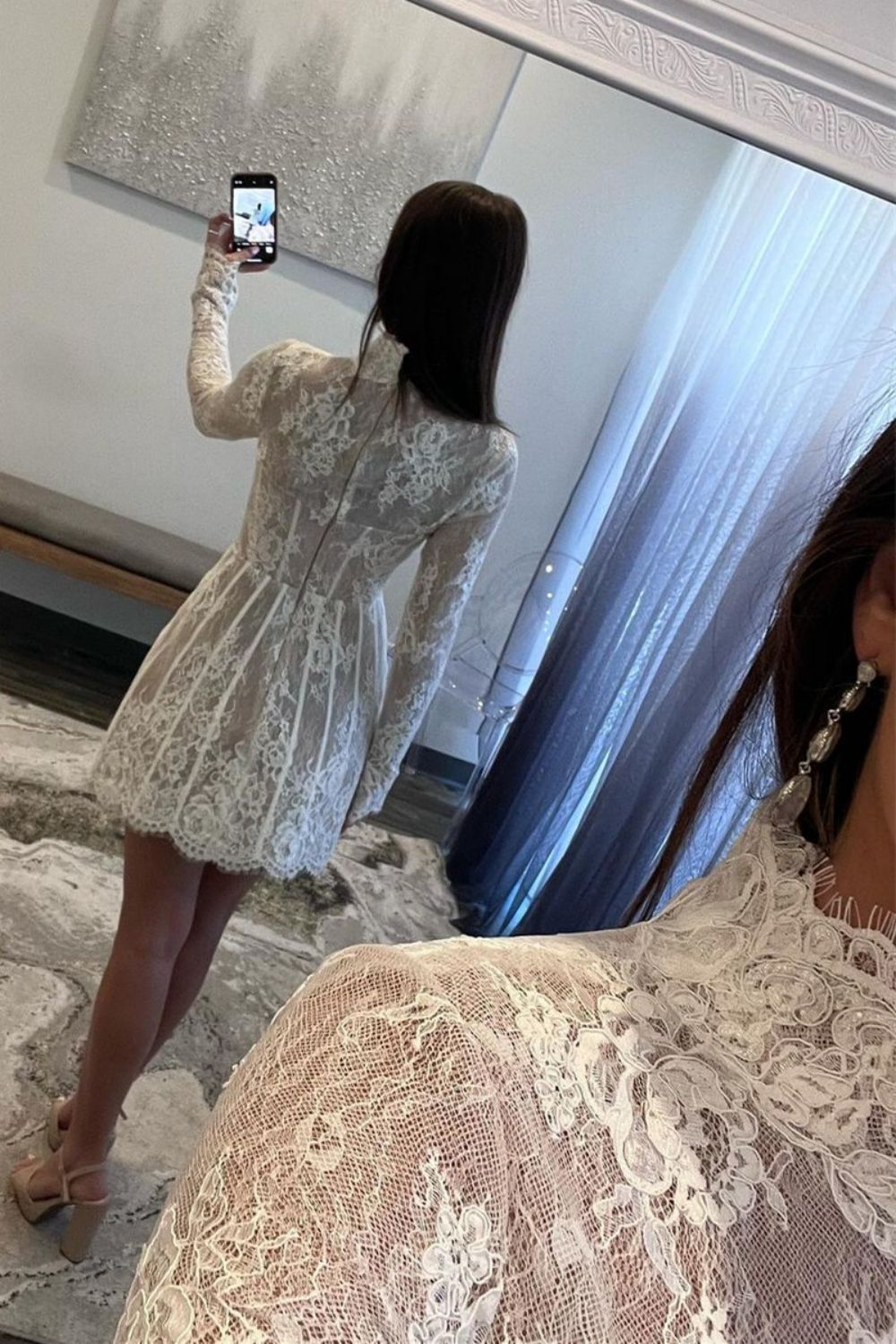 White A-Line High Neck Long Sleeves Short Lace Homecoming Dress - Fashionpara