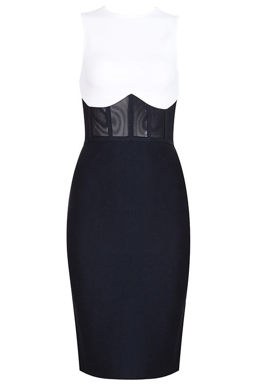 Mock Neck Sleeveless Corset Waist Bodycon Midi Dress