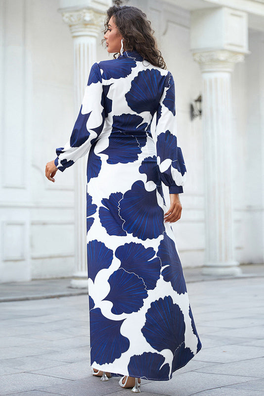 White And Blue Print Long Sleeve Shirt Dress  Fashionpara