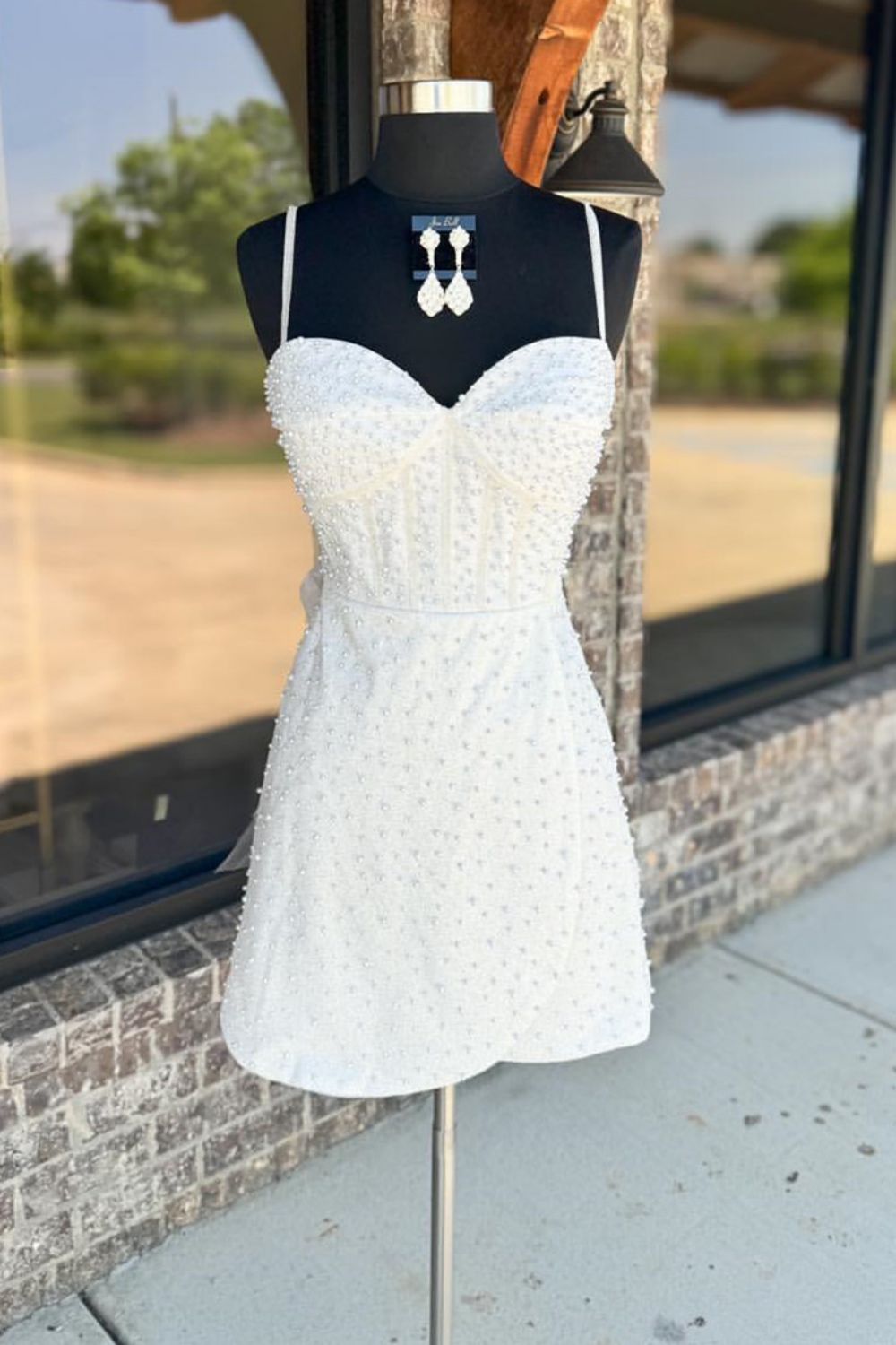 White Bodycon Spaghetti Straps Short Homecoming Dress With Pearls - Fashionpara