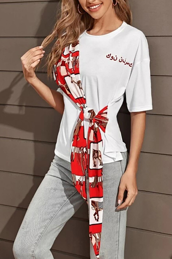 White Bowknot Patchwork T-shirt - Fashionpara