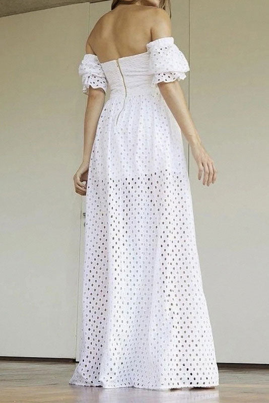 White Long Hollow Cut Out A-Line Dress  Fashionpara