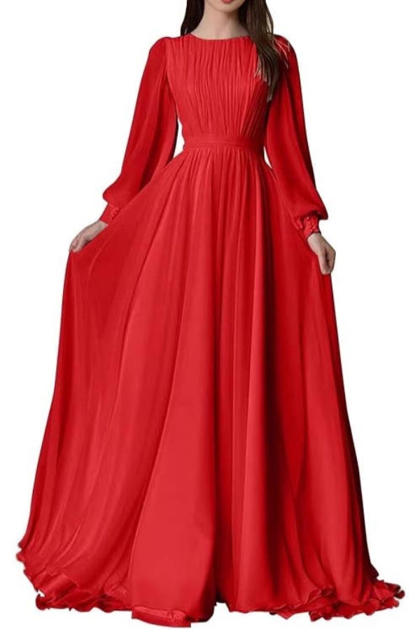 Long Sleeve A-Line Chiffon Maxi Evening Dress