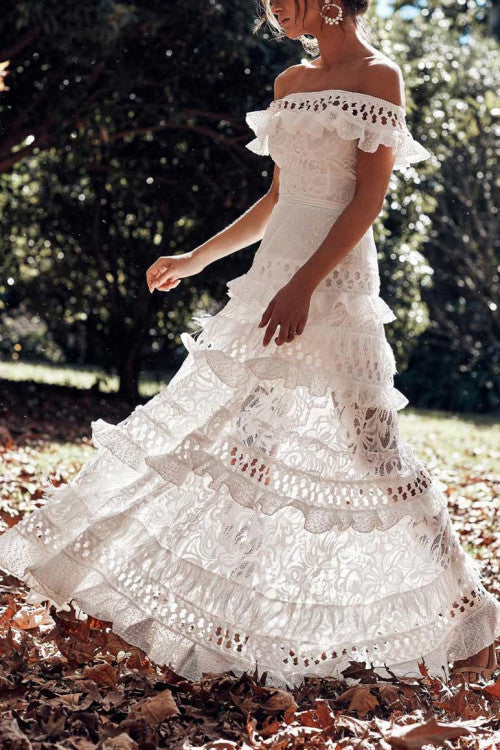 Crochet Lace Off-Shoulder Tiered Ruffle A-Line Maxi Dress