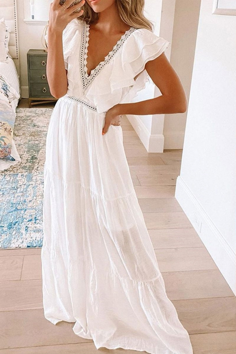White Plunging Sleeveless A-Line Maxi Dress  Fashionpara
