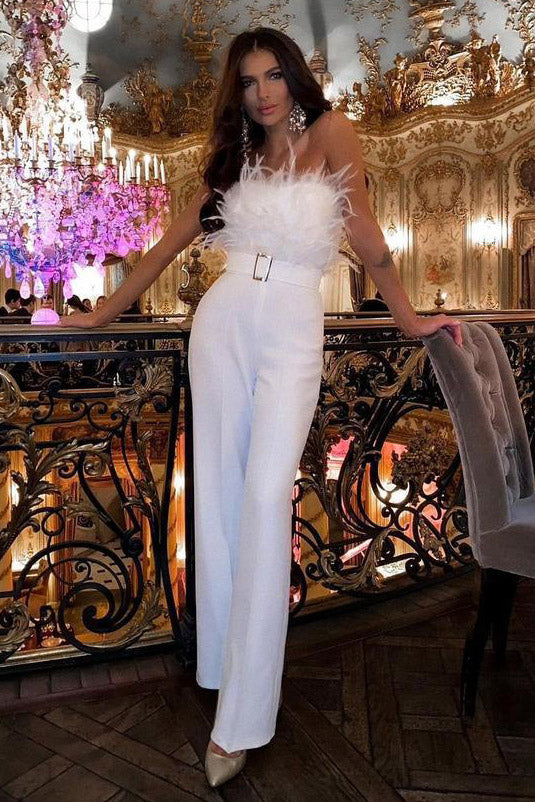 White Strapless Jumpsuit With Feather