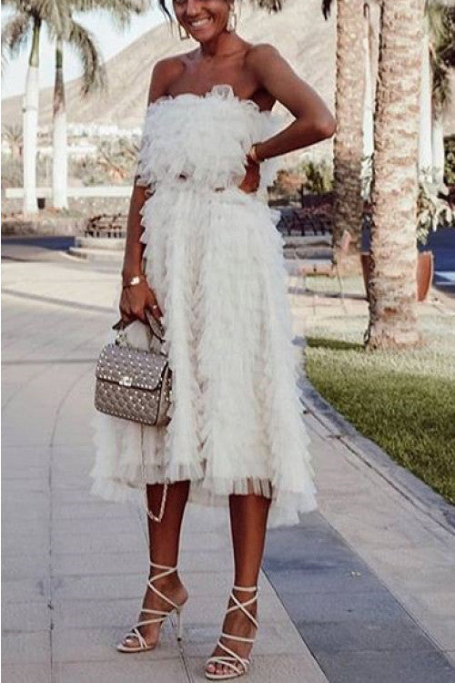 White Tulle Backless Bandeau Dress