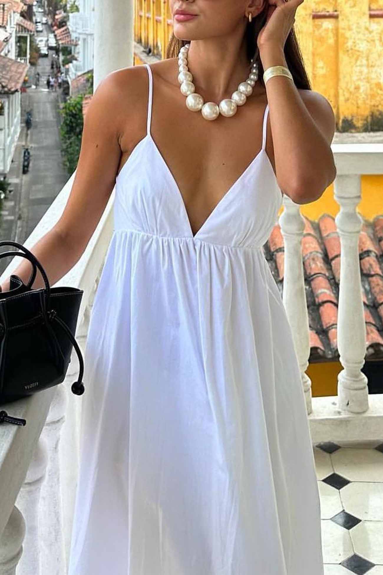 White V Neck Backless Cami Midi Dress