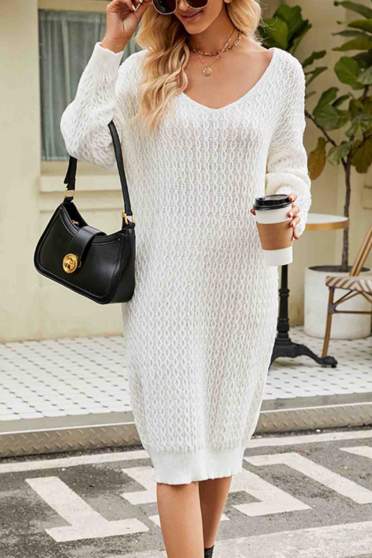 AROLORA Solid Color Long Knitted Midi Sweater Dress