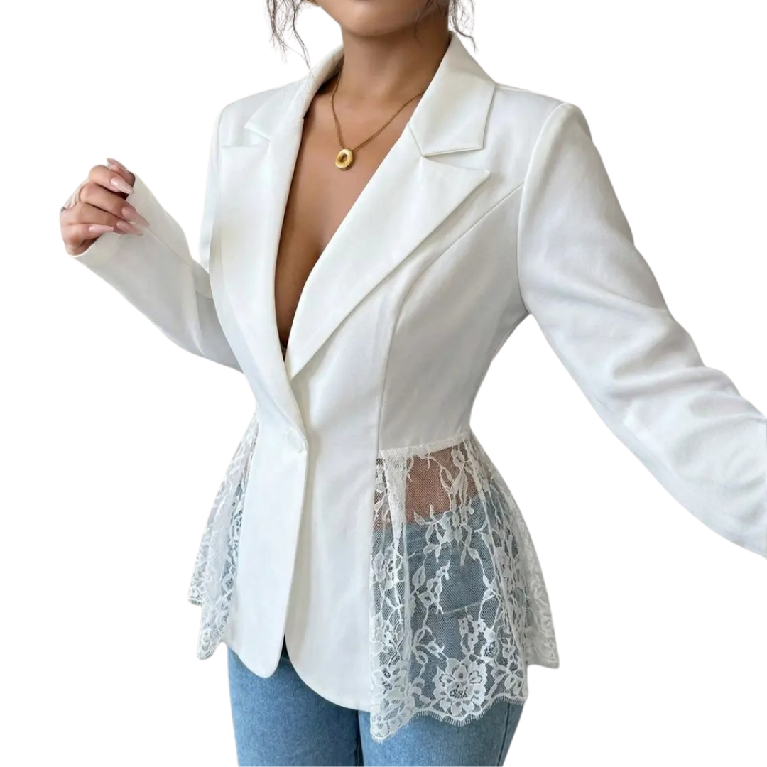 Notch Lapel Lace Trim Peplum Single Button Fitted Blazer 4