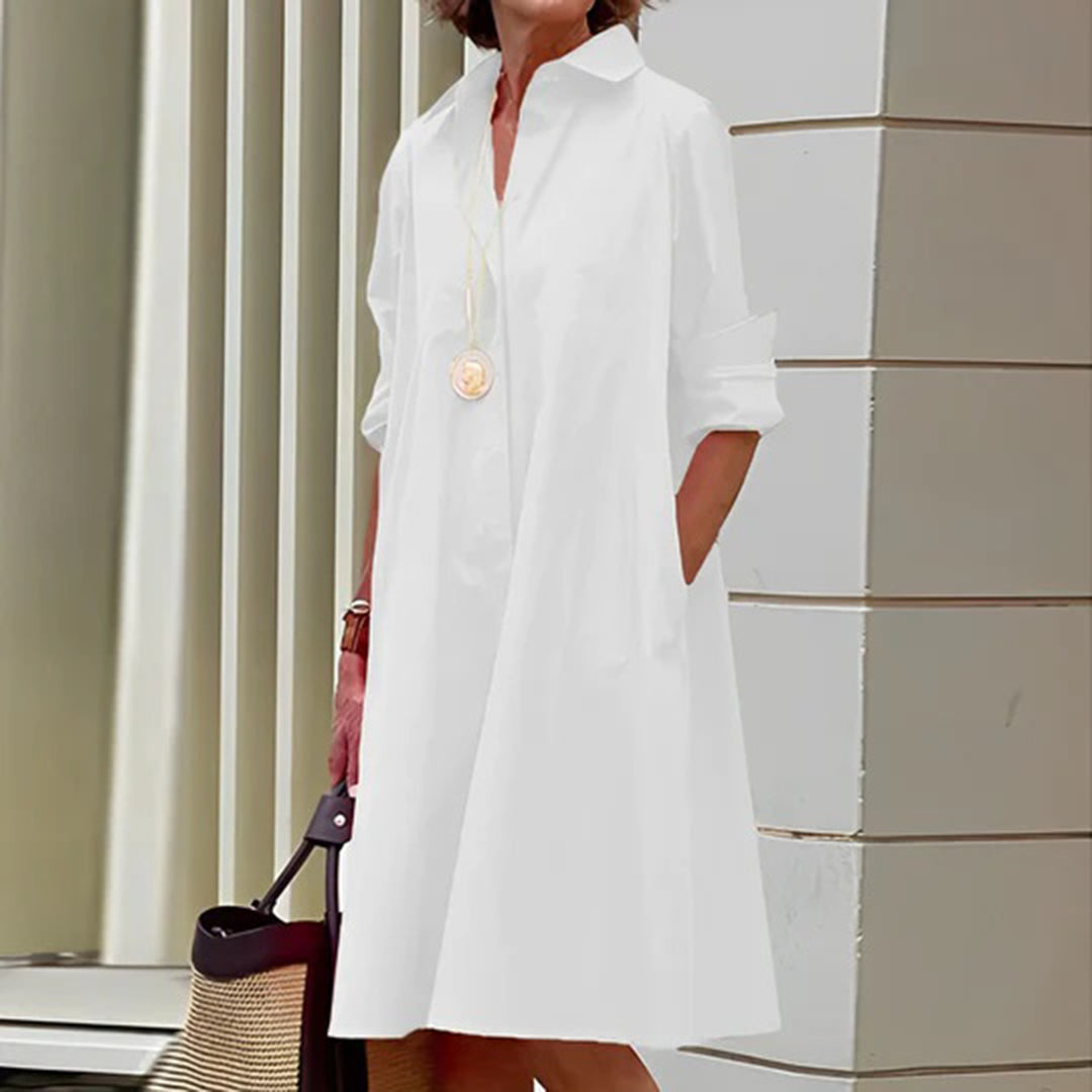 Collared Button Down Long Sleeve Pocket Oversized Shirt Midi Dress - View 3