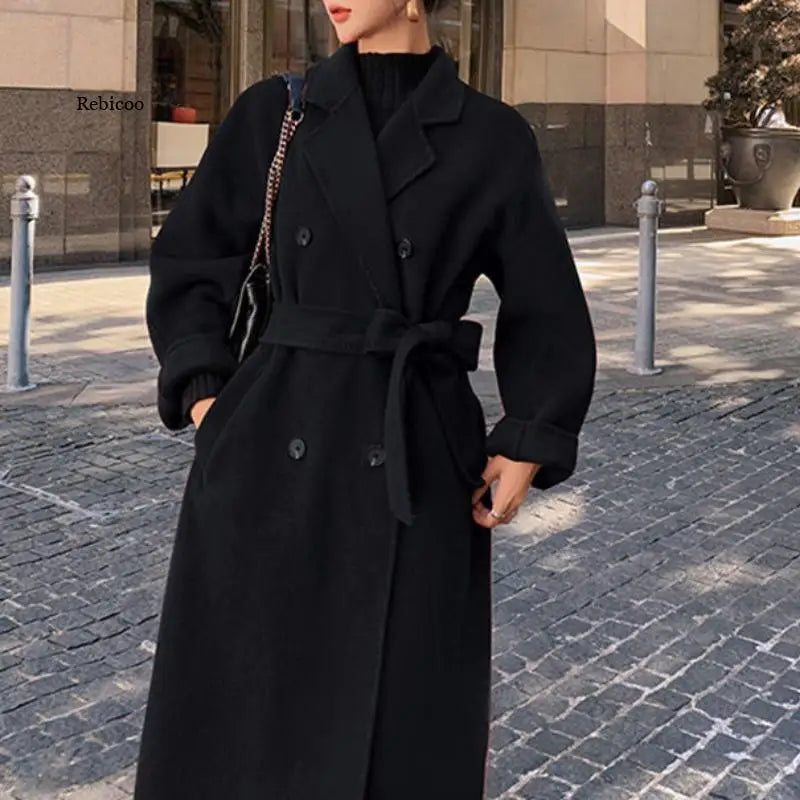 Winter Autumn Christmas Red Black Loose Wool Belted Coats - Fashionpara