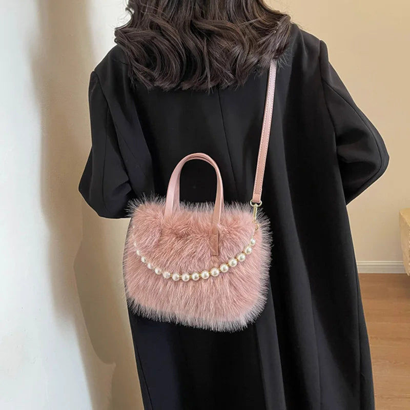 Winter Faux Fur Crossbody Pearl Chain Decor Handbag