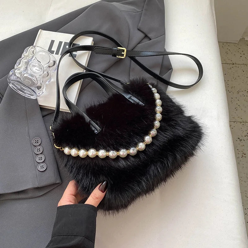 Winter Faux Fur Crossbody Pearl Chain Decor Handbag