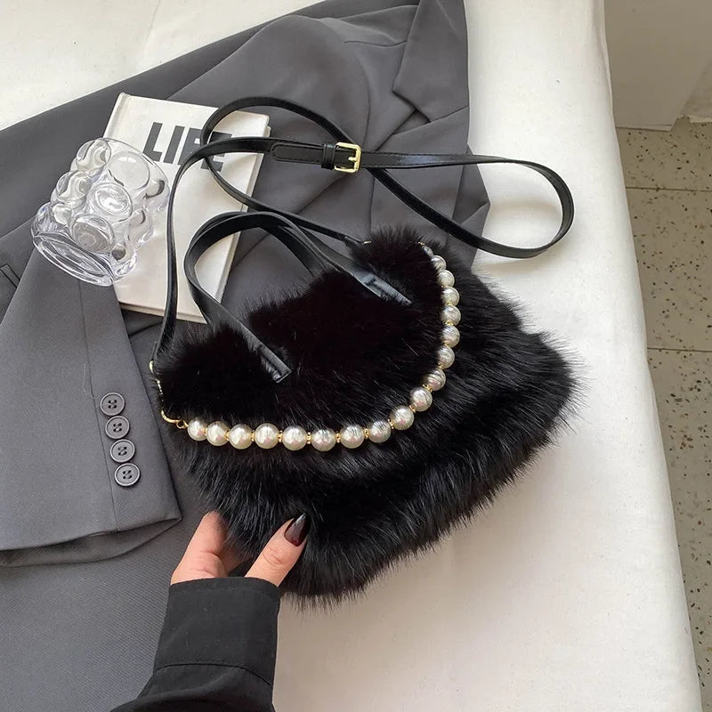 Winter Faux Fur Crossbody Pearl Chain Decor Handbag