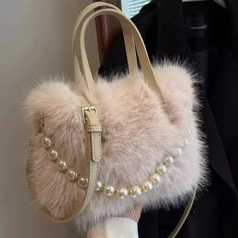 Winter Faux Fur Crossbody Pearl Chain Decor Handbag