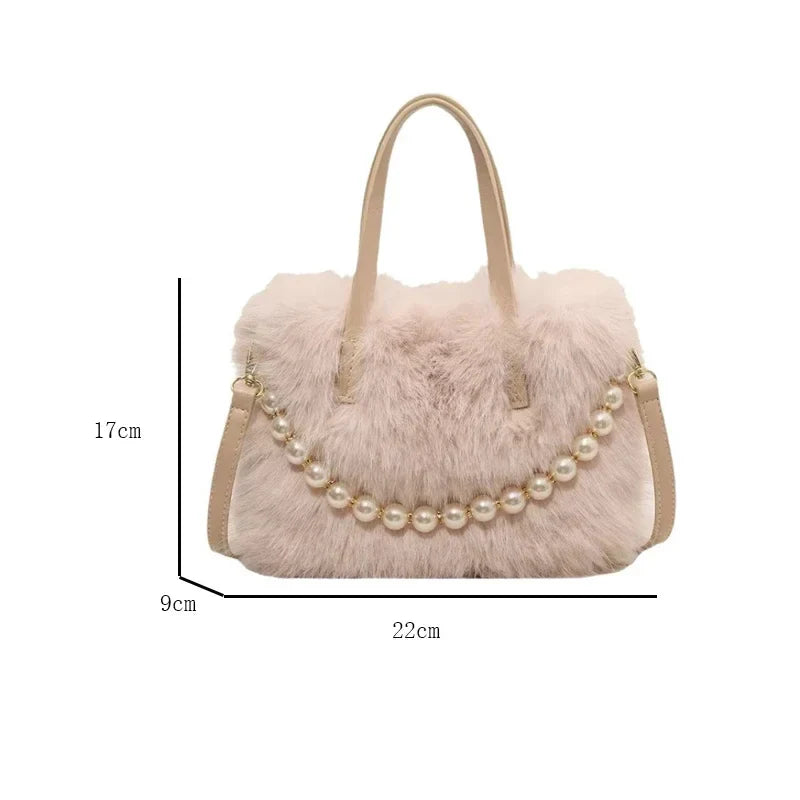Winter Faux Fur Crossbody Pearl Chain Decor Handbag