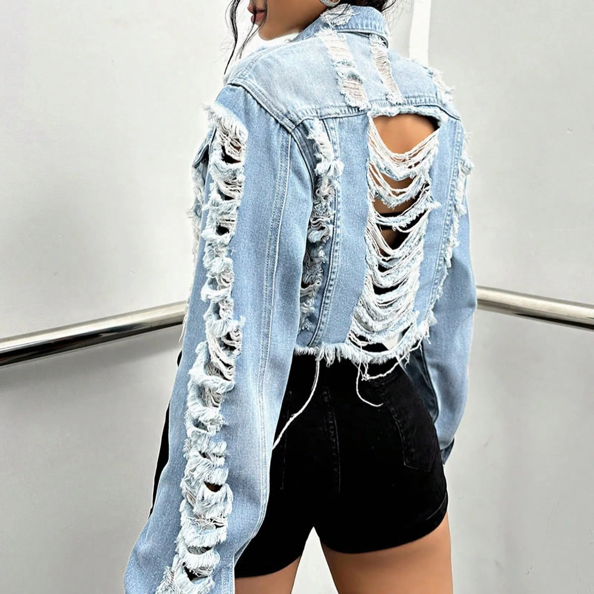Boyfriend Ripped Crpped Button Down Chest Pockets Overcoat Warm Versatile Jacket 3