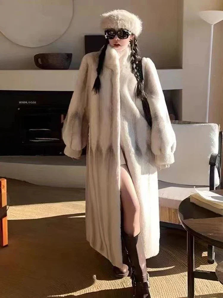 Elegant Standing Collar Faux Fur Mink Overcoat