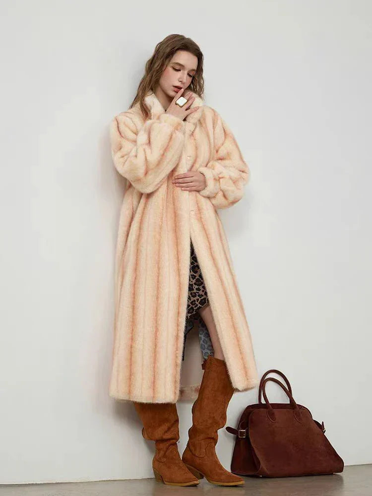 Elegant Standing Collar Faux Fur Mink Overcoat