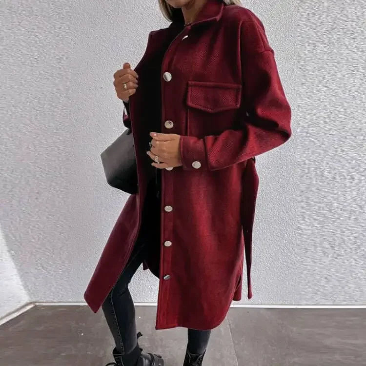 Blend Woolen Fashion Casual Long Sleeve Pocket Solid Belted Winter Autumn Coats - Fashionpara
