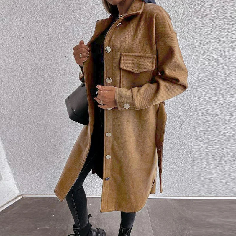 Blend Woolen Fashion Casual Long Sleeve Pocket Solid Belted Winter Autumn Coats - Fashionpara