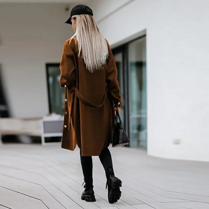 Blend Woolen Fashion Casual Long Sleeve Pocket Solid Belted Winter Autumn Coats - Fashionpara